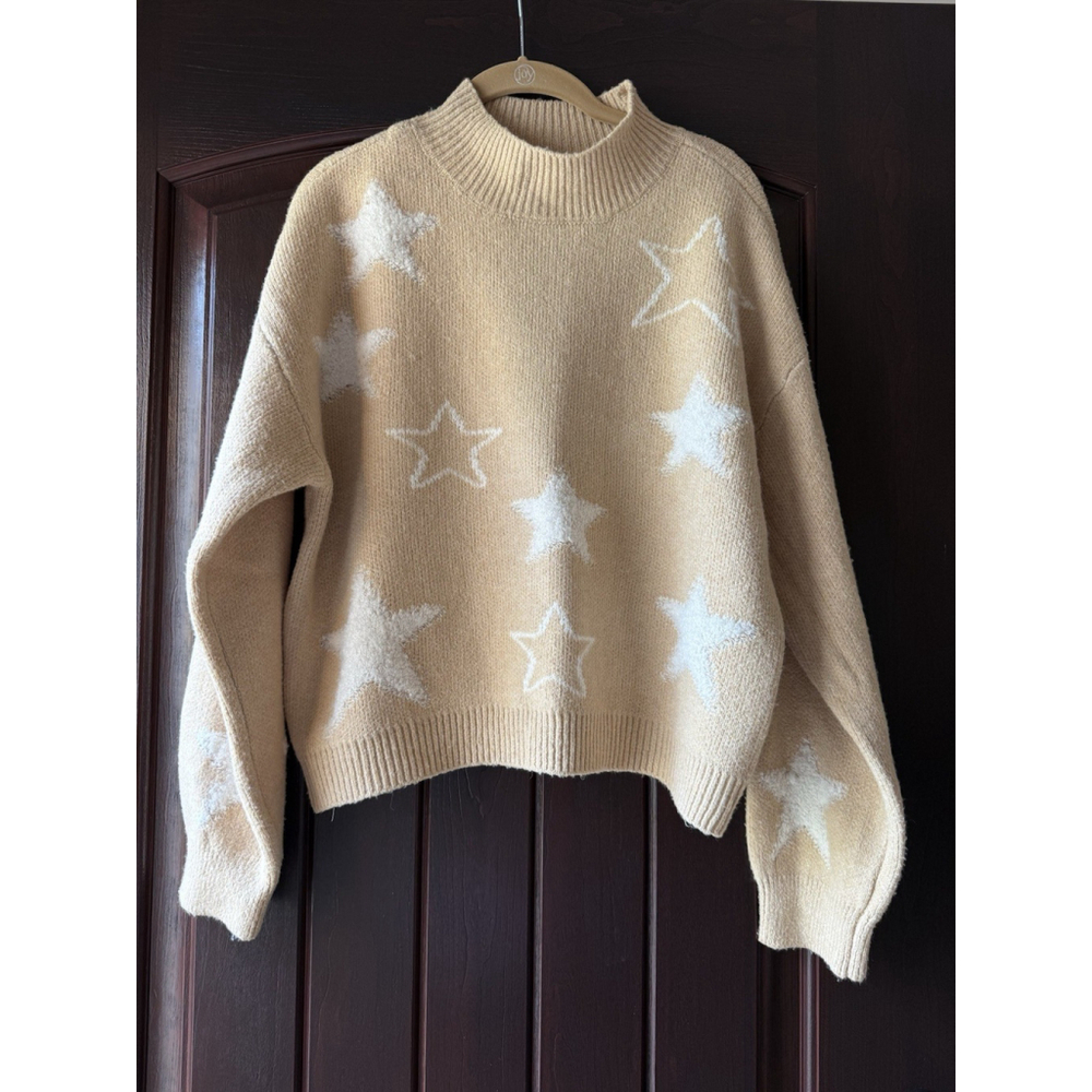 Nwt No Comment Mock Neck Stars Sweater Large Tan White Womens